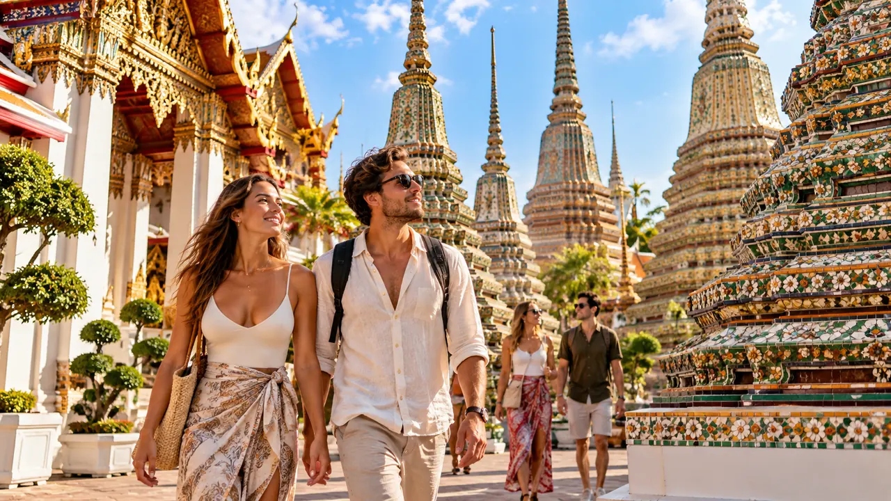 Travelers walking among ornate chedis and temple architecture in Bangkok Old Town