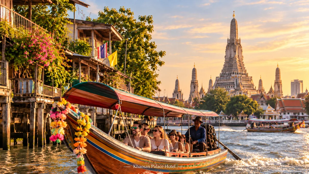 Long-tail boat temple tour on Bangkok canals at golden hour