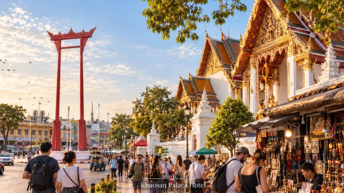 Old Town Bangkok temple market at golden hour