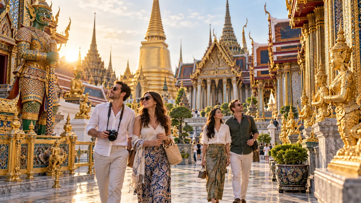 Adult travelers exploring ornate Bangkok temple architecture near the Grand Palace at golden hour