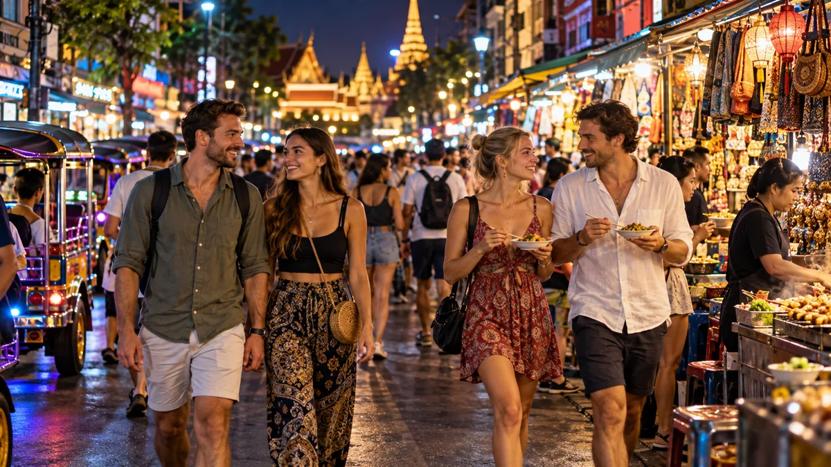 Adult travelers enjoying street food and nightlife in Bangkok Old Town near Khaosan Road