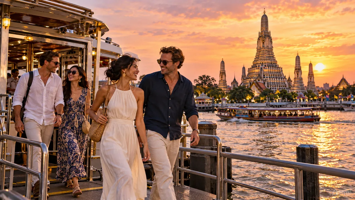Adult travelers arriving by Chao Phraya river ferry with Wat Arun at sunset