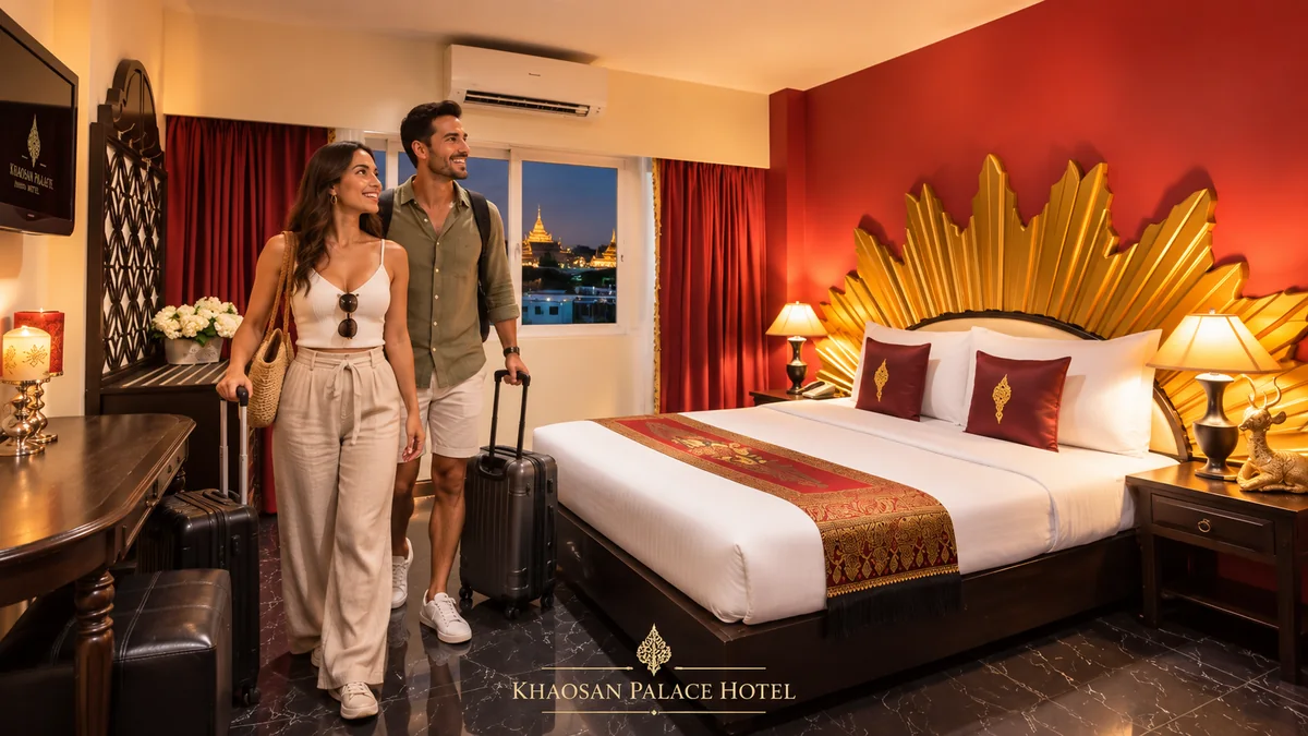 Travelers arriving in a Premier Room at Khaosan Palace Hotel