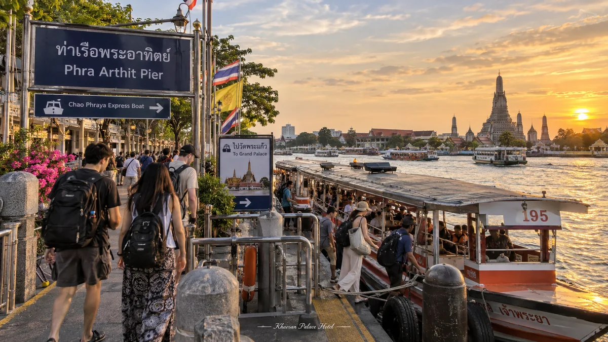 Travelers boarding a river boat at Phra Arthit Pier at sunset