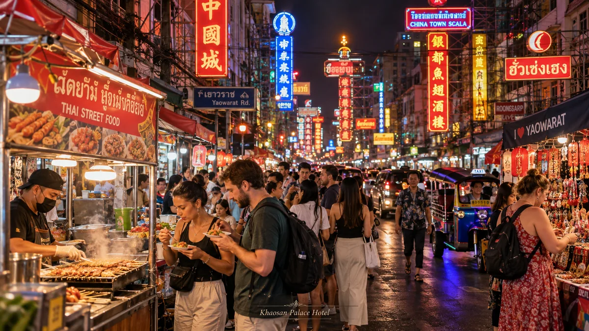 Travelers enjoying street food in Bangkok Chinatown at night
